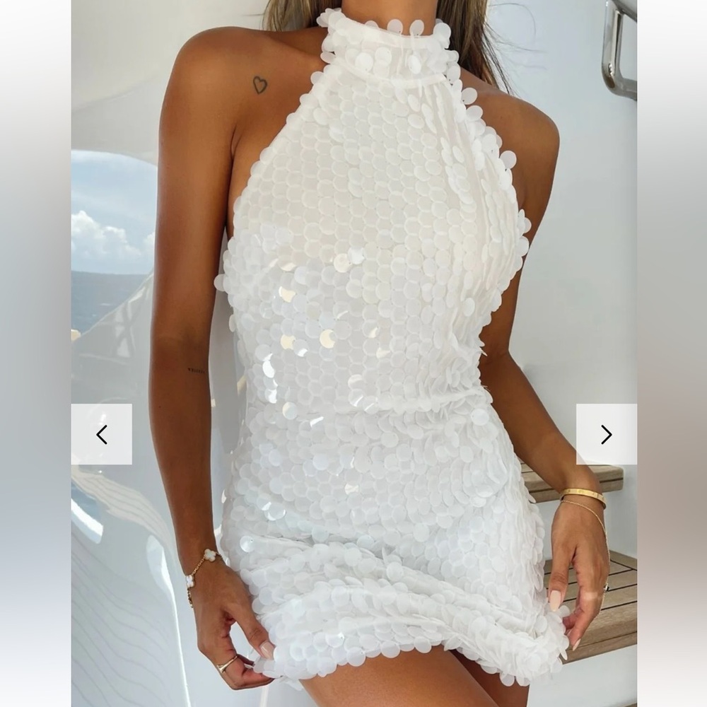 12th Tribe White Mini High Neck Low Back Sequin Dress